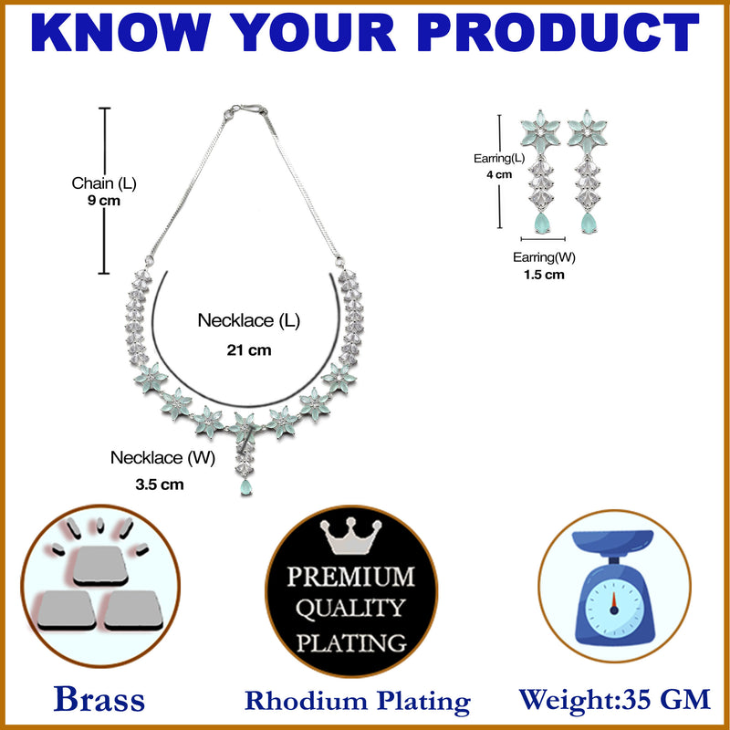 Rhodium-Plated Silver Toned Star Sea Green American Diamond Studded Necklace Earrings Jewellery Set