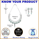 Rhodium-Plated Silver Tone Flower Sea Green American Diamond Studded Necklace with Earrings Jewellery Set