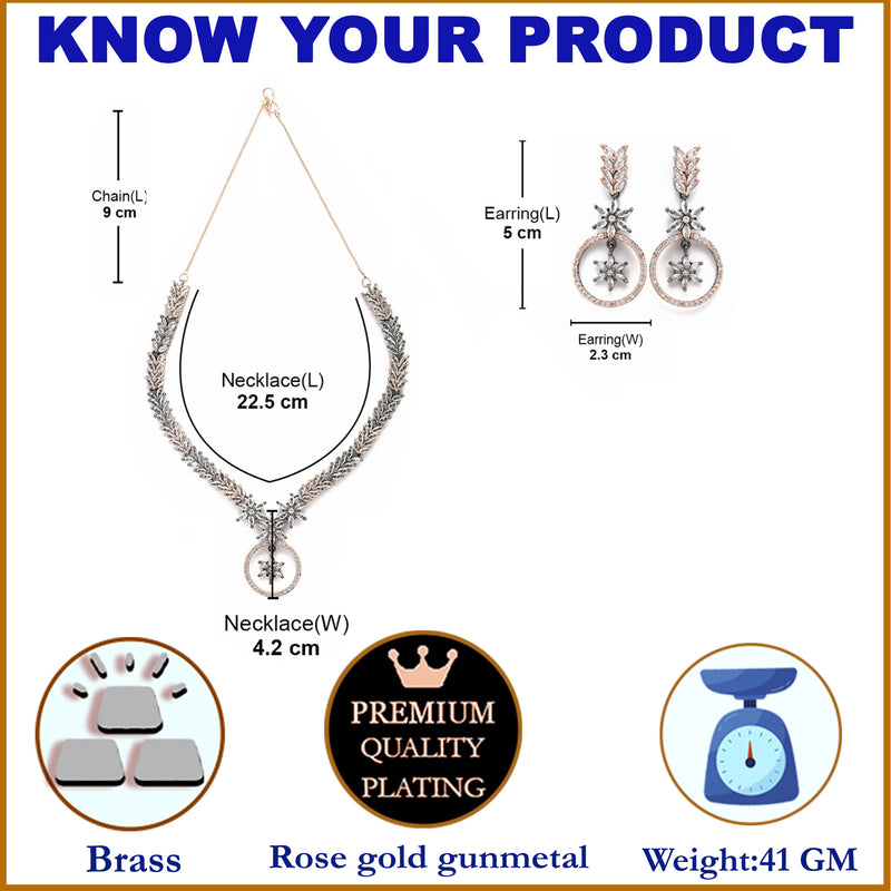 Rose Gold-Plated Gunmetal Toned White American Diamond Studded Star & Leaf Shaped Jewellery Set
