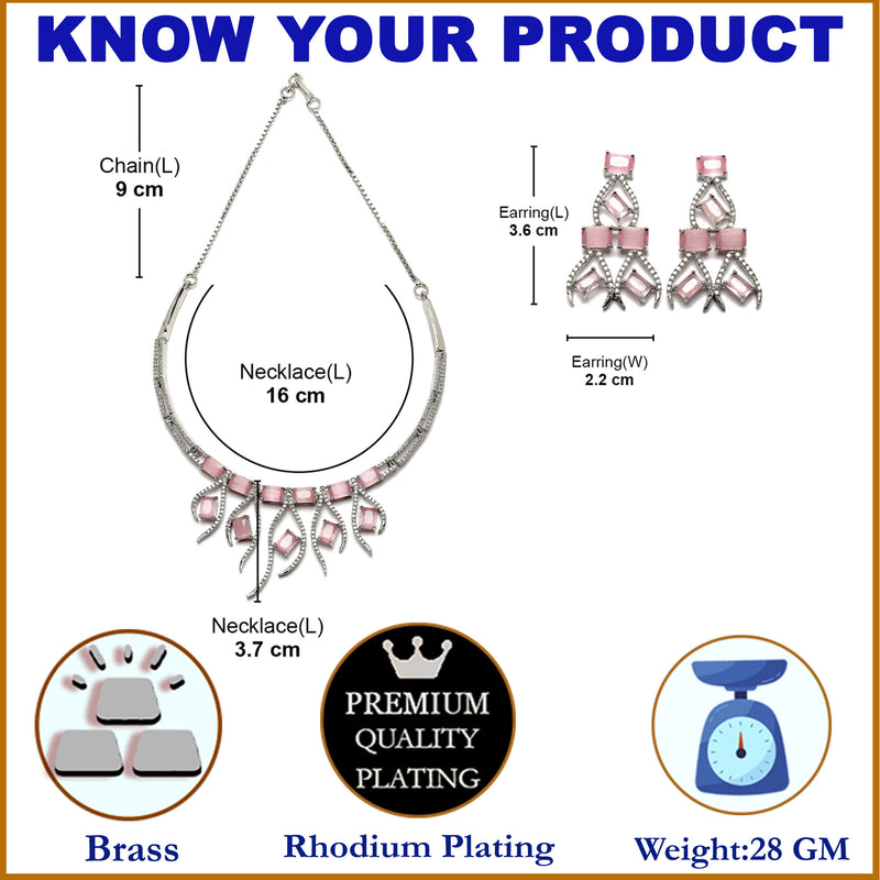 Rhodium-Plated Pink American Diamond Studded Contemporary Necklace with Earrings Jewellery Set