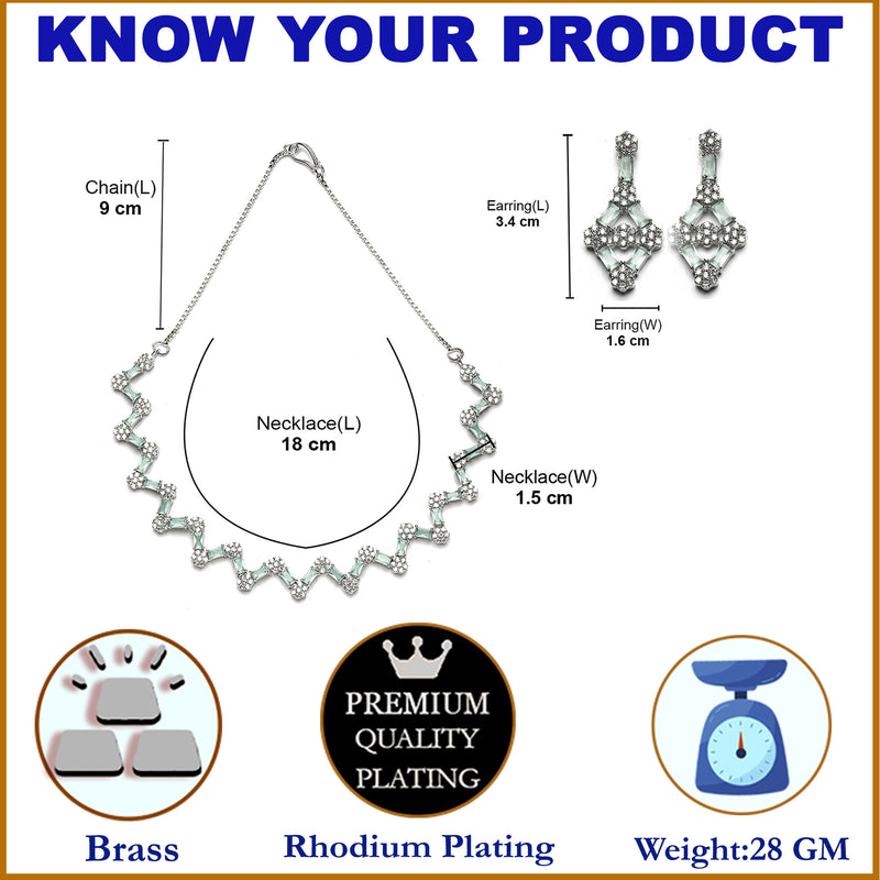 Rhodium-Plated Sea Green American Diamond Studded Necklace With Earrings Jewellery Set