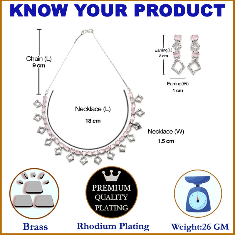 Rhodium-Plated Silver Toned Rectangle Pink American Diamond Studded Necklace Earrings Jewellery Set