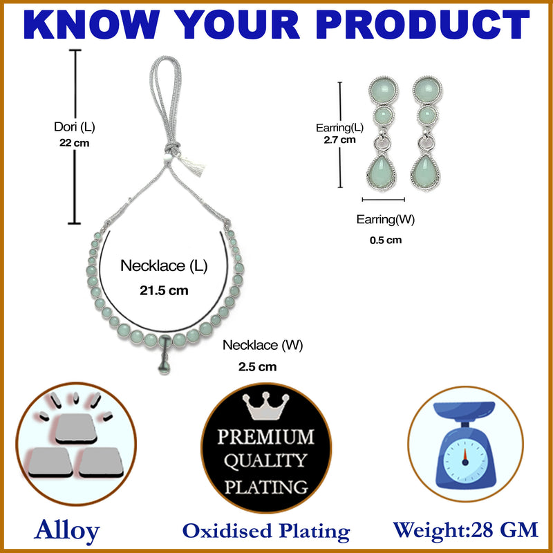 Oxidised Silver-Plated Lime Green Round American Diamond Studded Necklace with Earring Jewellery Set