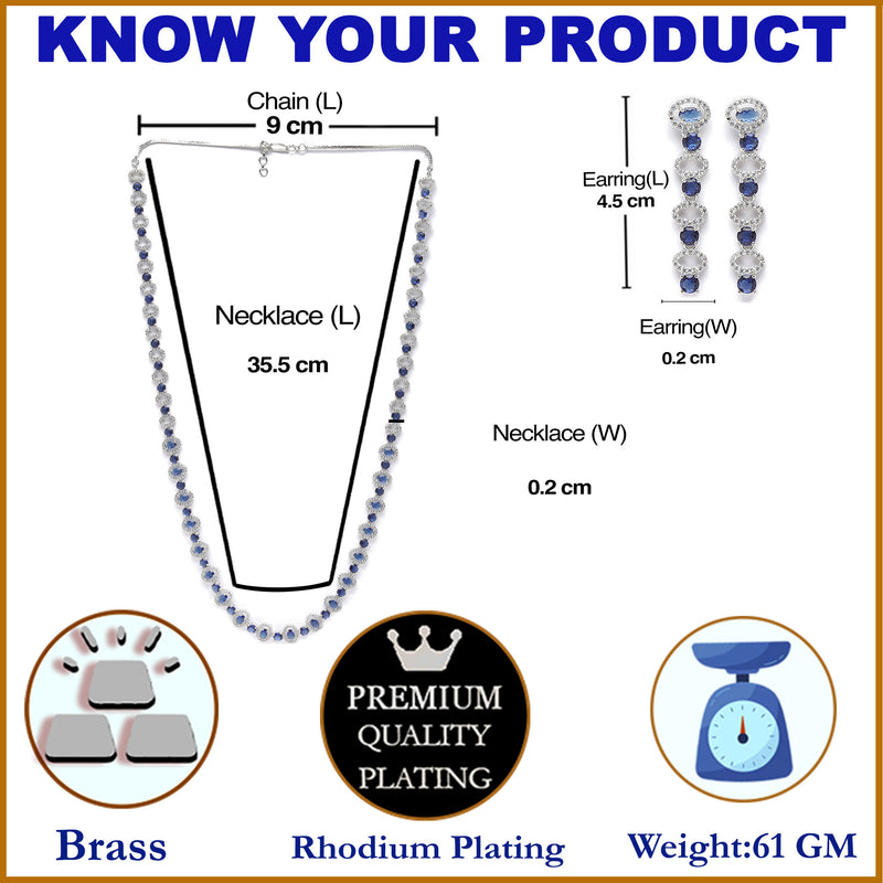Rhodium-Plated Silver Toned Oval Navy Blue American Diamond Long Necklace with Earrings Jewellery Set