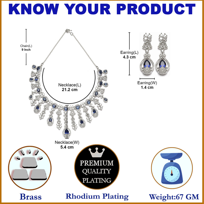 Rhodium-Plated Navy Blue American Diamond Studded Teardrop Tasselled Necklace & Earrings Jewellery Set