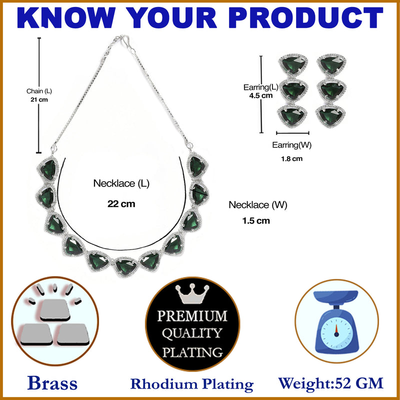 Rhodium-Plated with Silver-Tone Handcrafted Green American Diamond Studded Triangular Jewellery Set