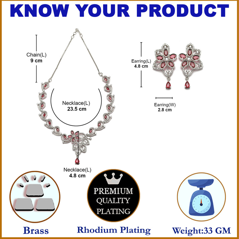 Rhodium-Plated Red American Diamond Studded Floral & Paisley Shaped Necklace with Earrings Jewellery Set