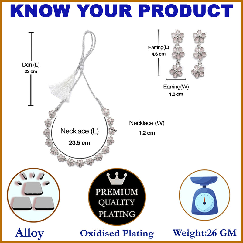 Oxidised Silver-Plated Flower Shaped Pink American Diamond Studded Necklace Earrings Jewellery Set