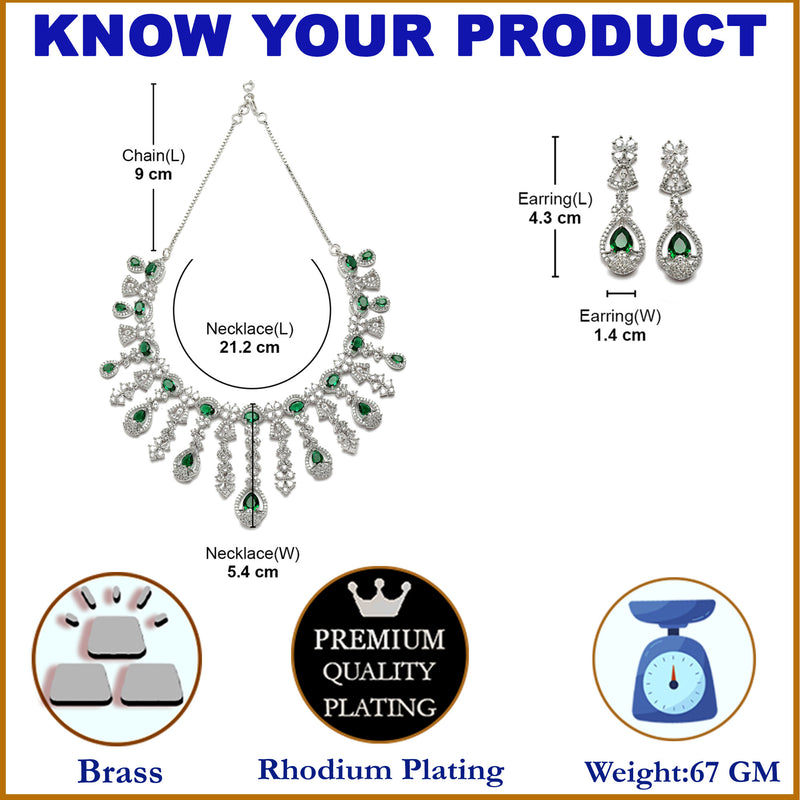 Rhodium-Plated Green American Diamond Studded Teardrop Tasselled Necklace & Earrings Jewellery Set