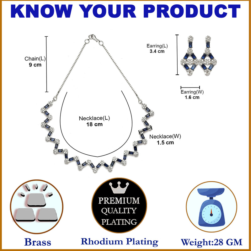 Rhodium-Plated Navy Blue American Diamond Studded Necklace With Earrings Jewellery Set