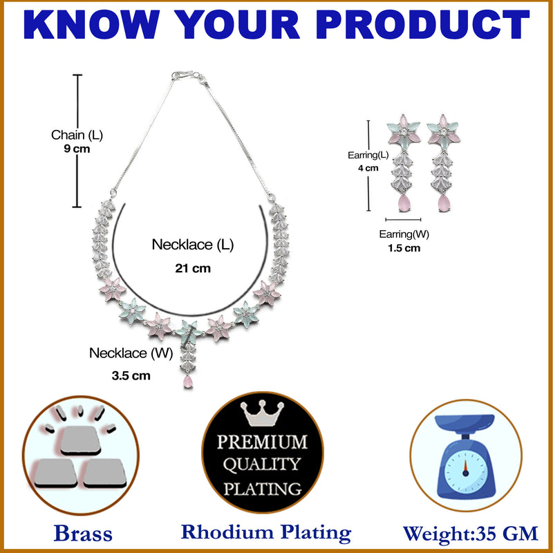 Rhodium-Plated Silver Toned Star Sea Green & Pink American Diamond Studded Necklace Earrings Jewellery Set