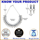 Rhodium-Plated Navy Blue American Diamond Studded Floral & Leaf Shaped Necklace with Earrings Jewellery Set