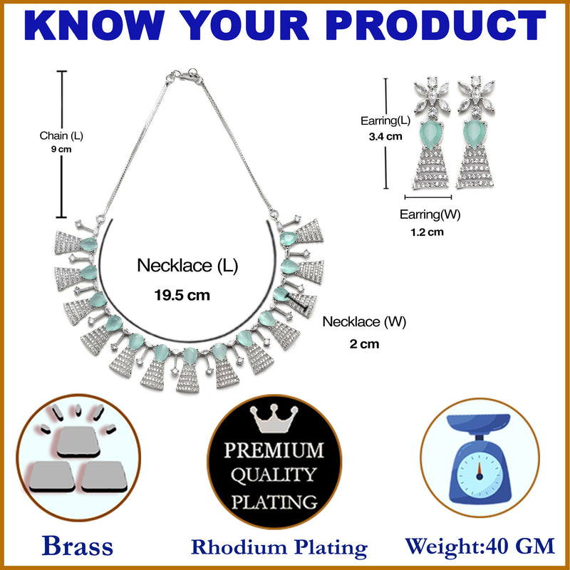 Rhodium-Plated Silver Toned Teardrop Sea Green American Diamond Studded Necklace Earrings Jewellery Set