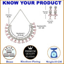 Rhodium-Plated Pink American Diamond Studded Teardrop & Crescent Shaped Necklace with Earrings Jewellery Set