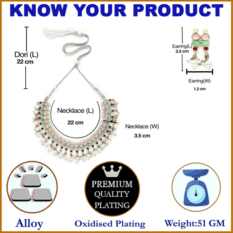 Silver-Toned & Pink Rhodium-Plated American Diamond Studded Pearl Jewellery Set