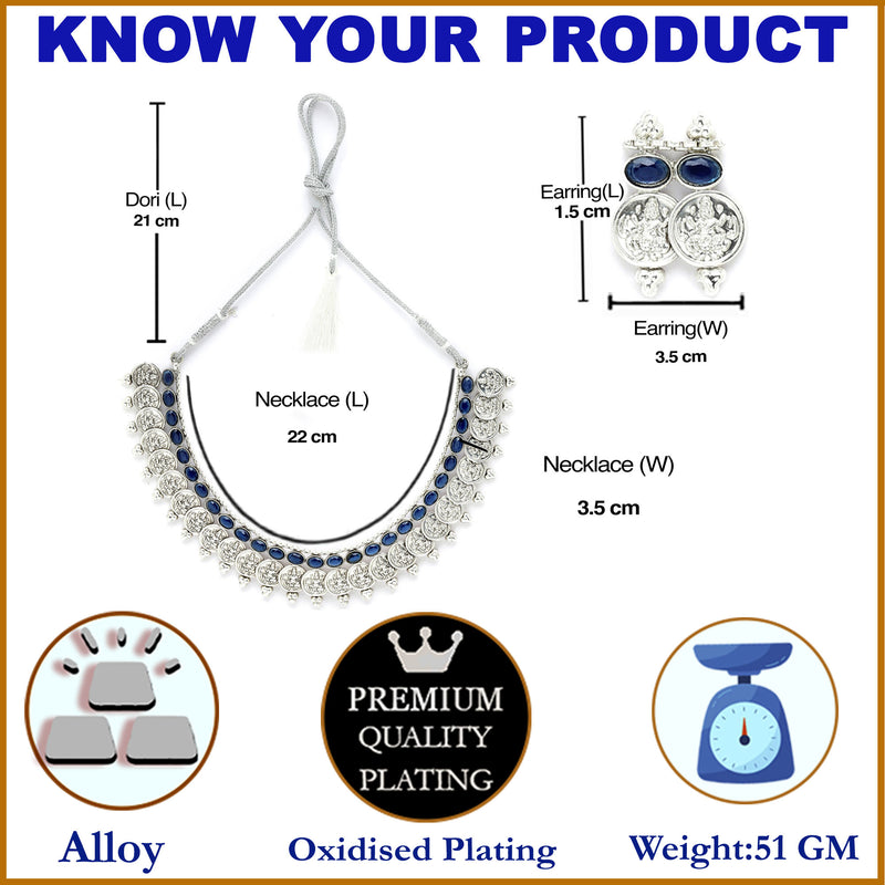 Rhodium-Plated with Oxidised Silver-Plated Navy Blue Artificial Beads Studded & Temple Coin Jewellery Set
