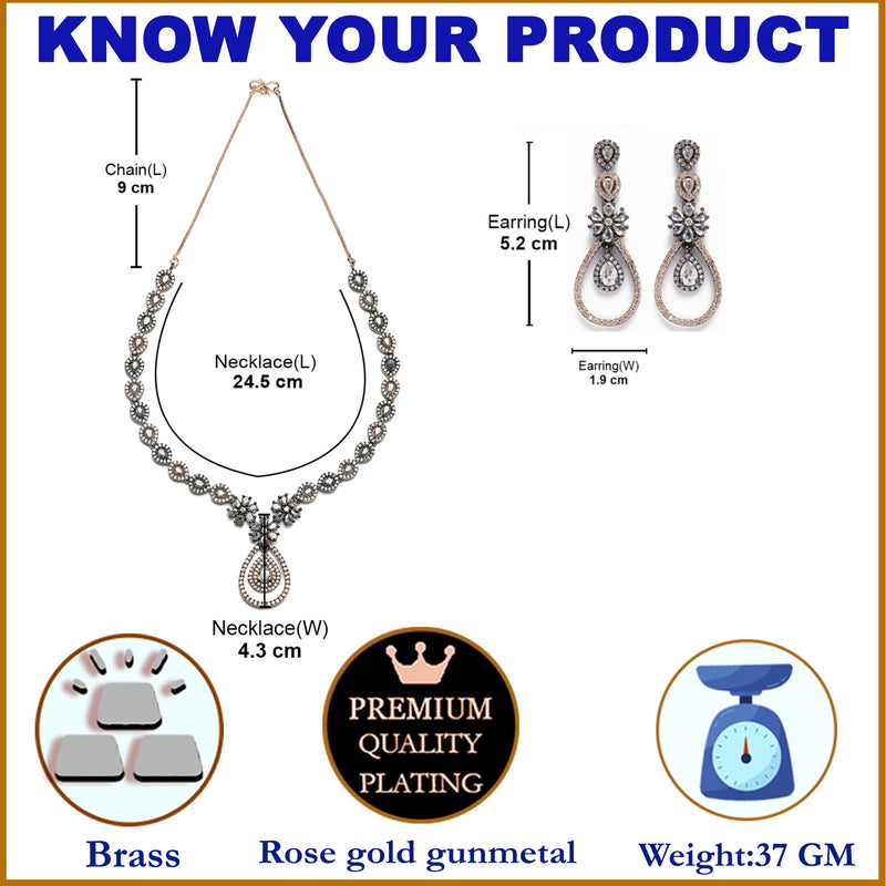 Rose Gold-Plated Gunmetal Toned White American Diamond Studded Teardrop & Floral Shape Jewellery Set