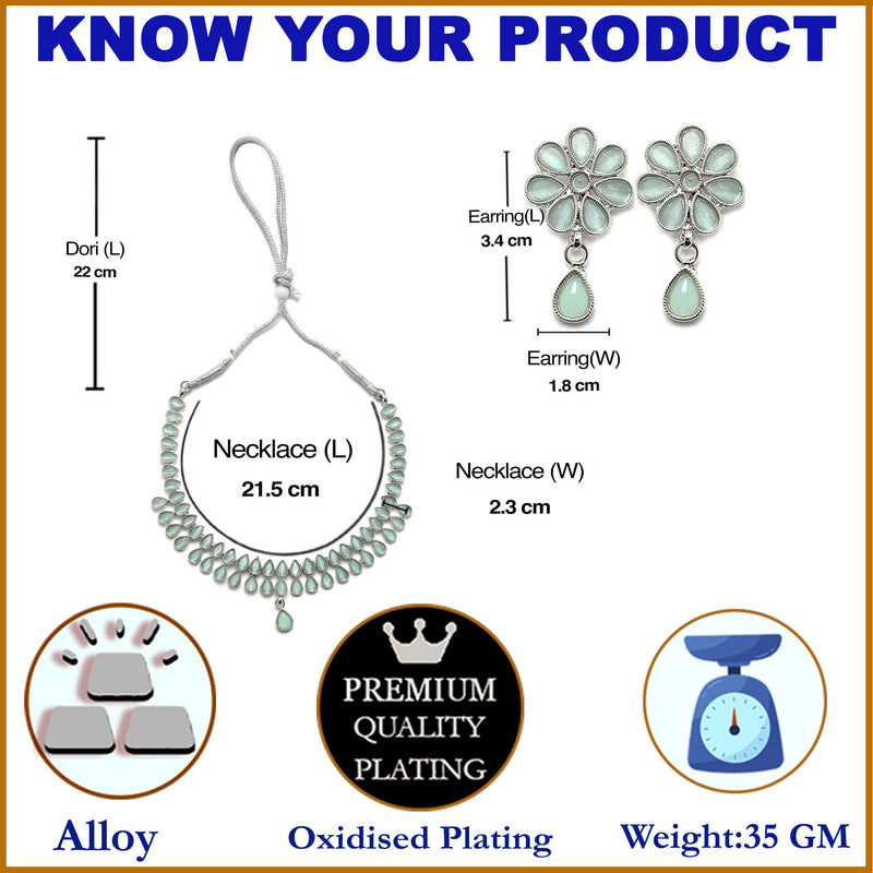 Oxidised Silver-Plated Pear Shaped Lime Green American Diamond Studded Necklace with Earrings Jewellery Set