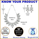 Rhodium-Plated Silver Tone Square Sea Green American Diamond Studded Necklace with Earrings Jewellery Set