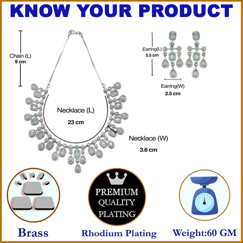 Rhodium-Plated Silver Tone Square Sea Green American Diamond Studded Necklace with Earrings Jewellery Set