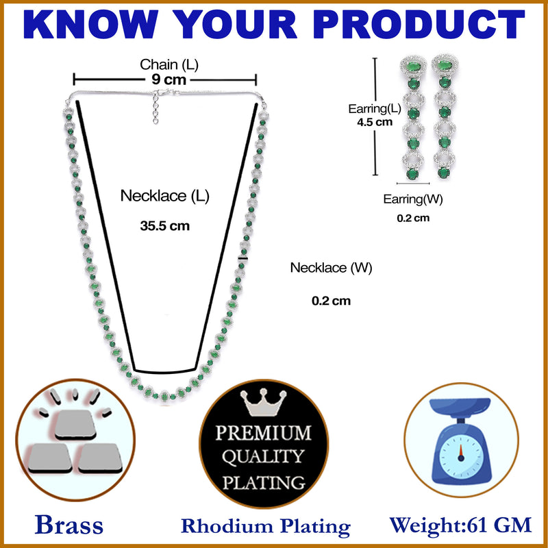 Rhodium-Plated Silver Toned Oval Green American Diamond Long Necklace with Earrings Jewellery Set