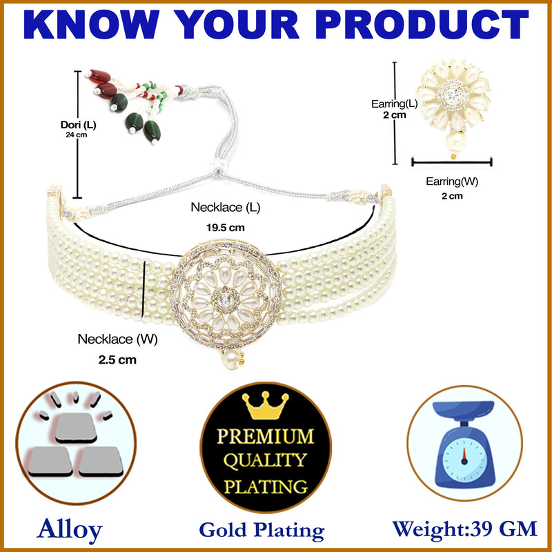 Rhodium-Plated with Silver-Tone White Stone-Studded Pearl-Beaded Jewellery Set