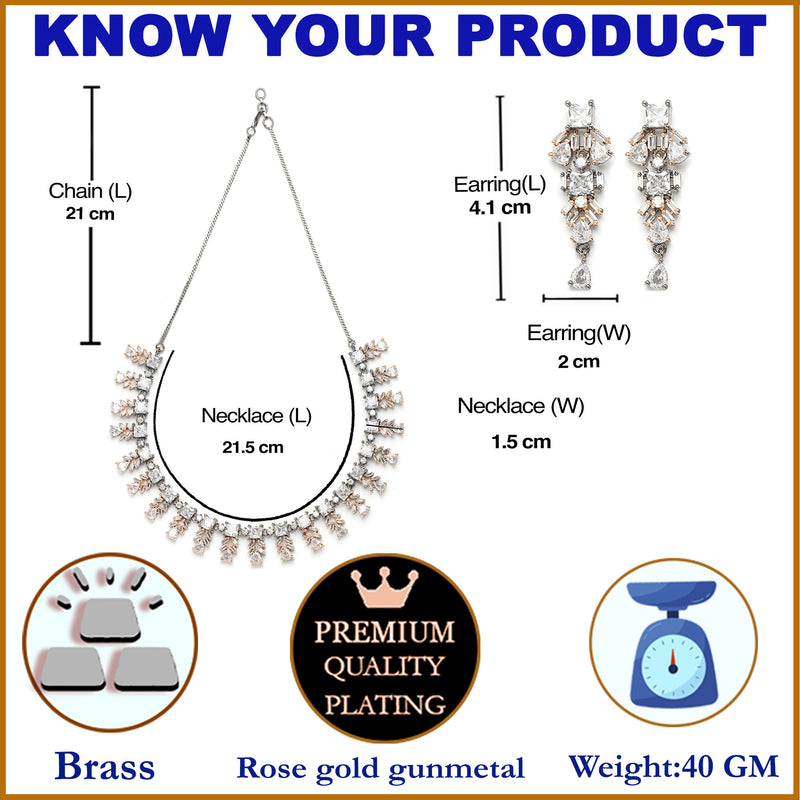 Rose Gold-Plated Leaf Design Rose Black and White American Diamond Studded Jewellery Set