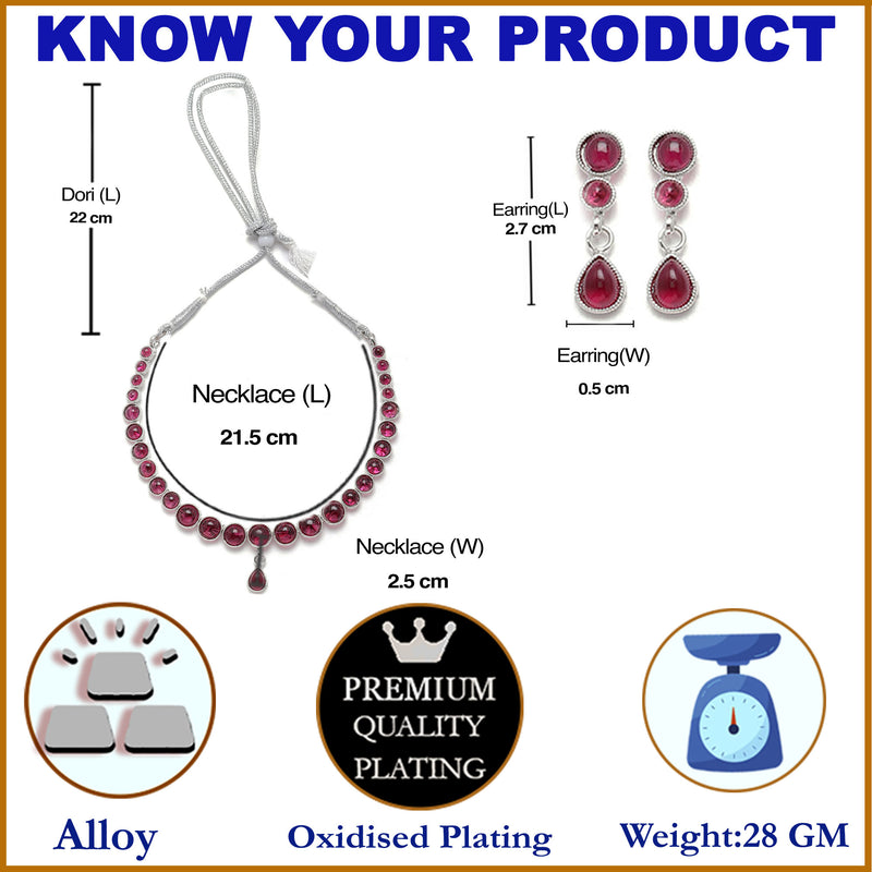 Oxidised Silver-Plated Red Round American Diamond Studded Necklace with Earrings Jewellery Set