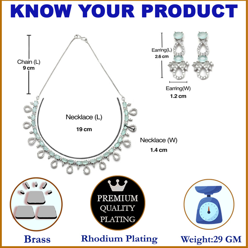 Rhodium-Plated Silver Toned Sea Green American Diamond Studded Necklace with Earrings Jewellery Set