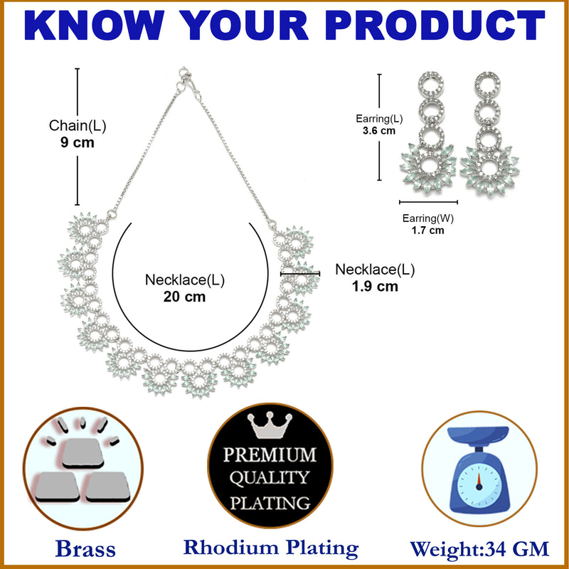 Rhodium-Plated Sea Green American Diamond Studded Classic Necklace with Earrings Jewellery Set