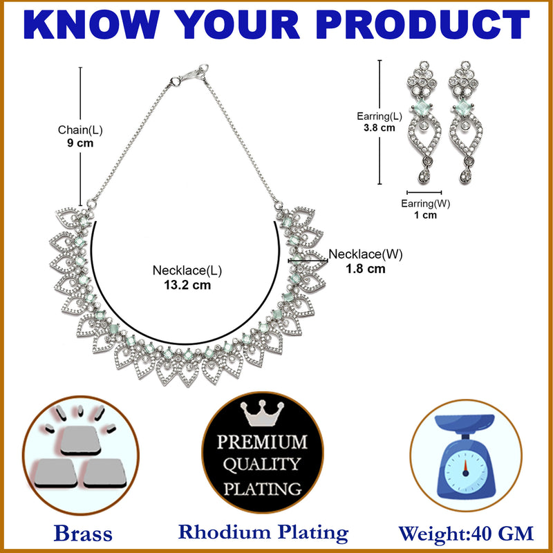 Rhodium-Plated Sea Green American Diamond Studded Floral & Leaf Shaped Necklace with Earrings Jewellery Set