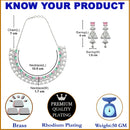 Rhodium-Plated Sea Green & Pink American Diamond Studded Triangular Design Necklace & Earrings Jewellery Set