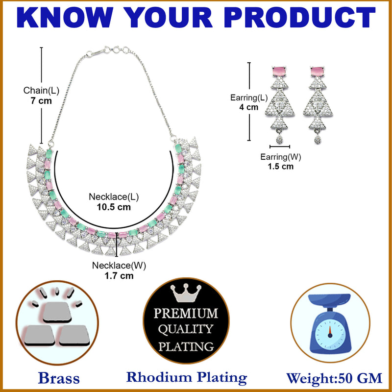 Rhodium-Plated Sea Green & Pink American Diamond Studded Triangular Design Necklace & Earrings Jewellery Set
