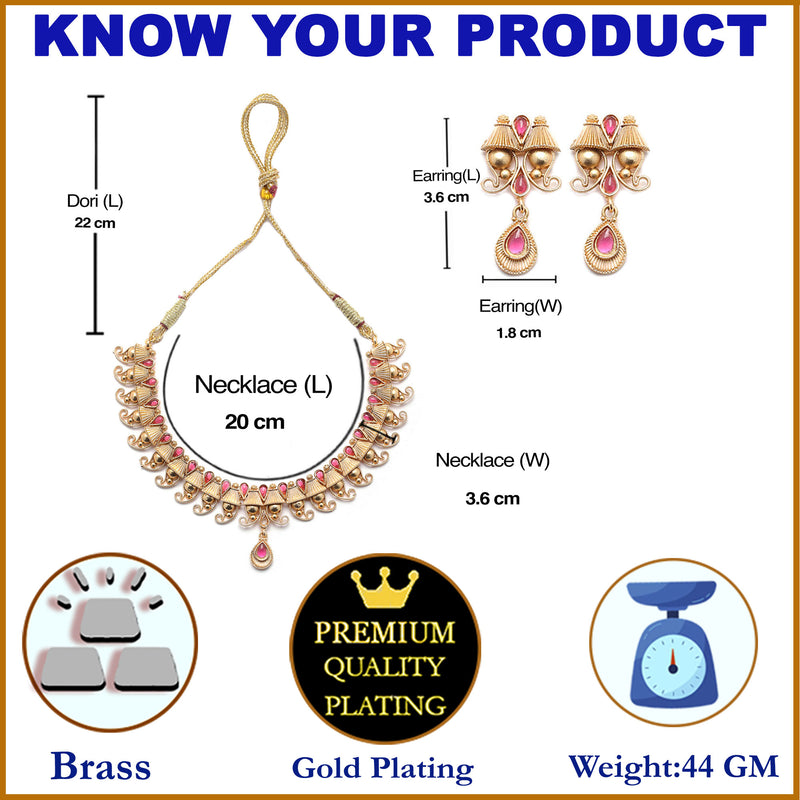 Gold-Plated Red Artificial Stone Studded Antique Necklace with Earrings Jewellery Set