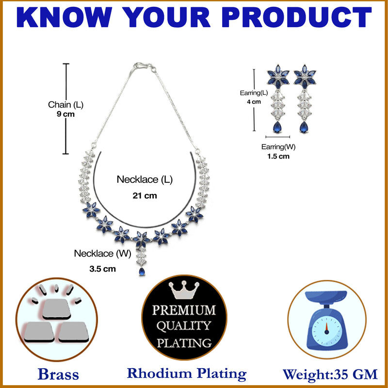 Rhodium-Plated Silver Toned Star Navy Blue American Diamond Studded Necklace Earrings Jewellery Set