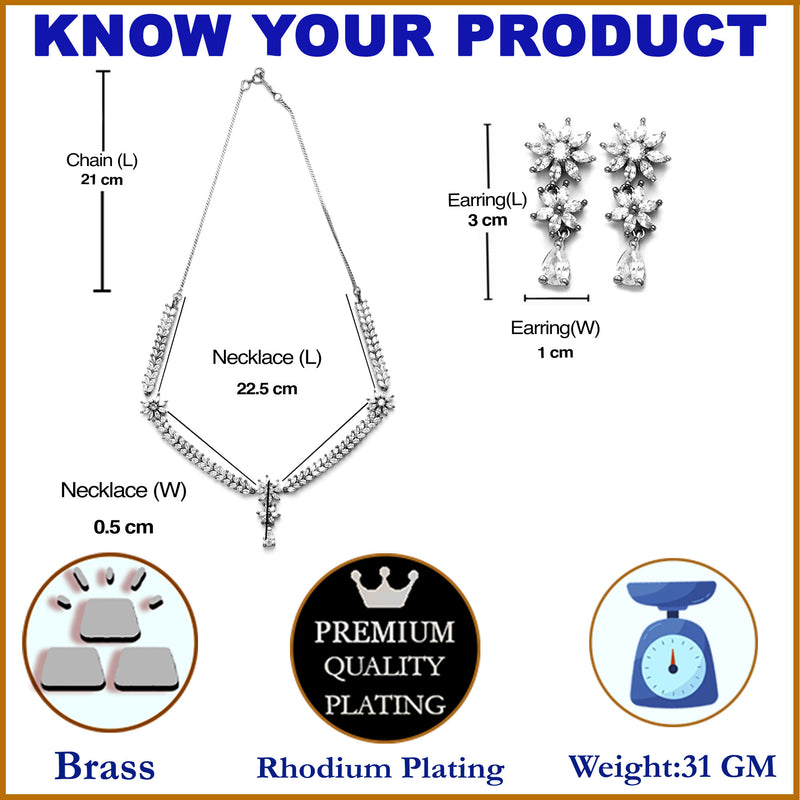 Rhodium-Plated with Silver-Toned Floral Design White American Diamond Studded Jewellery Set