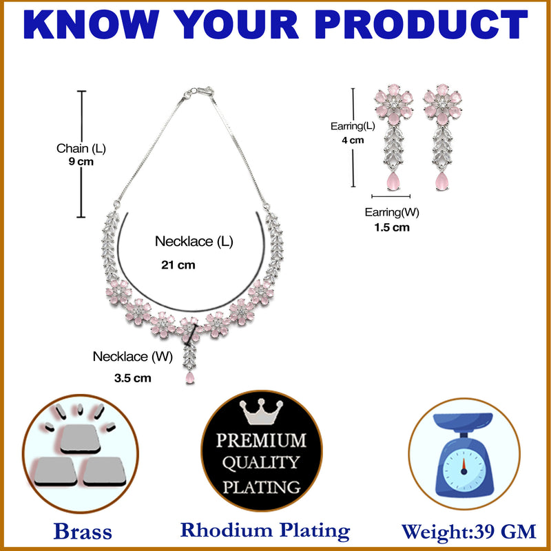 Rhodium-Plated Silver Toned Flower Pink American Diamond Studded Necklace with Earring Jewellery Set