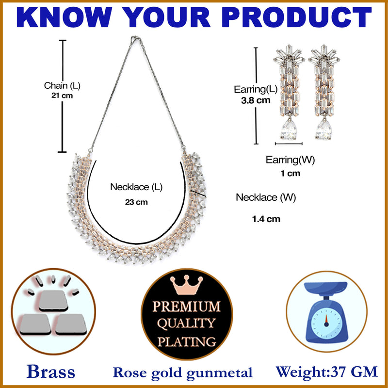 Rose Gold-Plated White and Rose Black American Diamond Studded Necklace & Earrings Jewellery Set