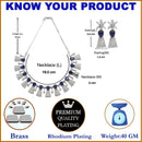 Rhodium-Plated Silver Toned Teardrop Navy Blue American Diamond Studded Necklace Earrings Jewellery Set