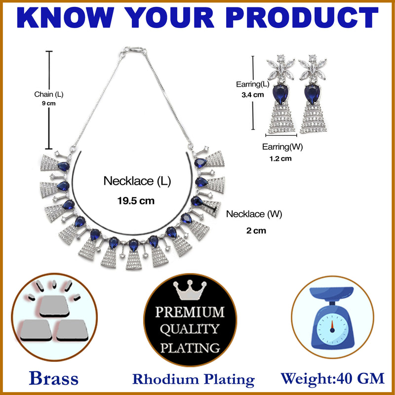 Rhodium-Plated Silver Toned Teardrop Navy Blue American Diamond Studded Necklace Earrings Jewellery Set