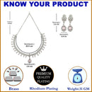 Rhodium-Plated Pink American Diamond Studded Floral & Teardrop Shaped Necklace & Earrings Jewellery Set