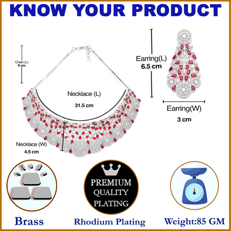 Rhodium-Plated Silver Toned Red American Diamond Choker Necklace with Earrings Jewellery Set