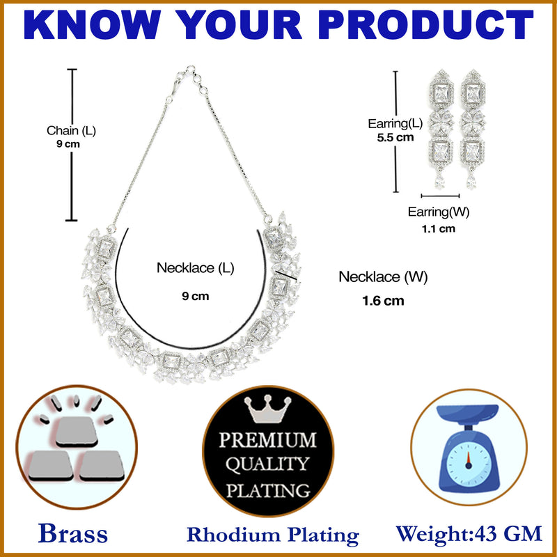 Rhodium-Plated with Silver-Toned White American Diamond Studded Necklace and Earrings Jewellery Set