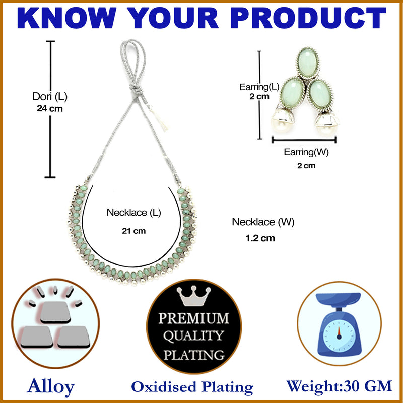 Rhodium-Plated with Oxidized Silver-Toned Sea Green Cubic Zirconia Stone Studded & White Pearl Beaded Necklace and Earrings Jewellery Set