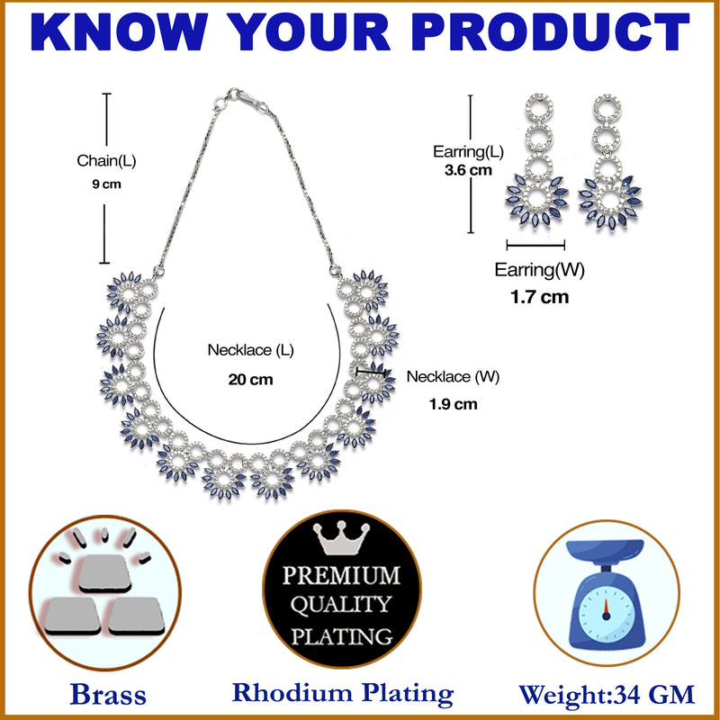 Rhodium-Plated Navy Blue American Diamond Studded Classic Necklace with Earrings Jewellery Set