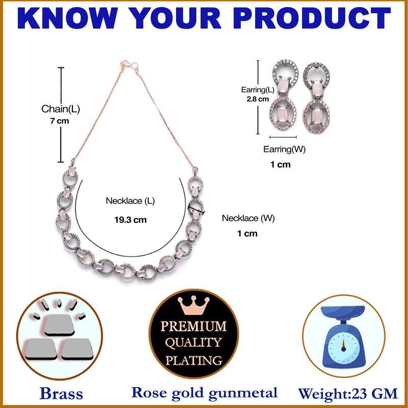 Rose Gold-Plated Gunmetal Toned Pink American Diamond Studded Disc-Shaped Necklace & Earrings Jewellery Set
