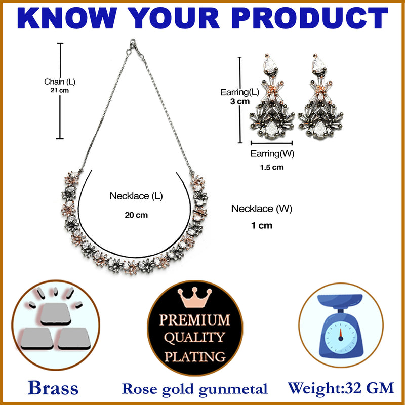 Rose Gold-Plated Floral and Pear Design Rose Black and White American Diamond Studded Jewellery Set