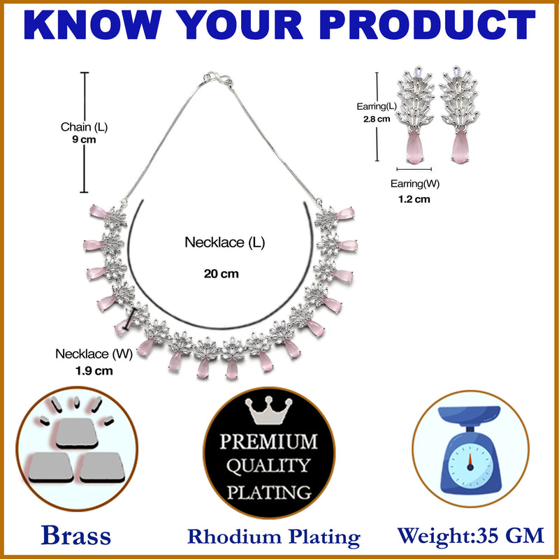 Rhodium-Plated Silver Toned Teardrop Pink American Diamond Studded Necklace Earrings Jewellery Set