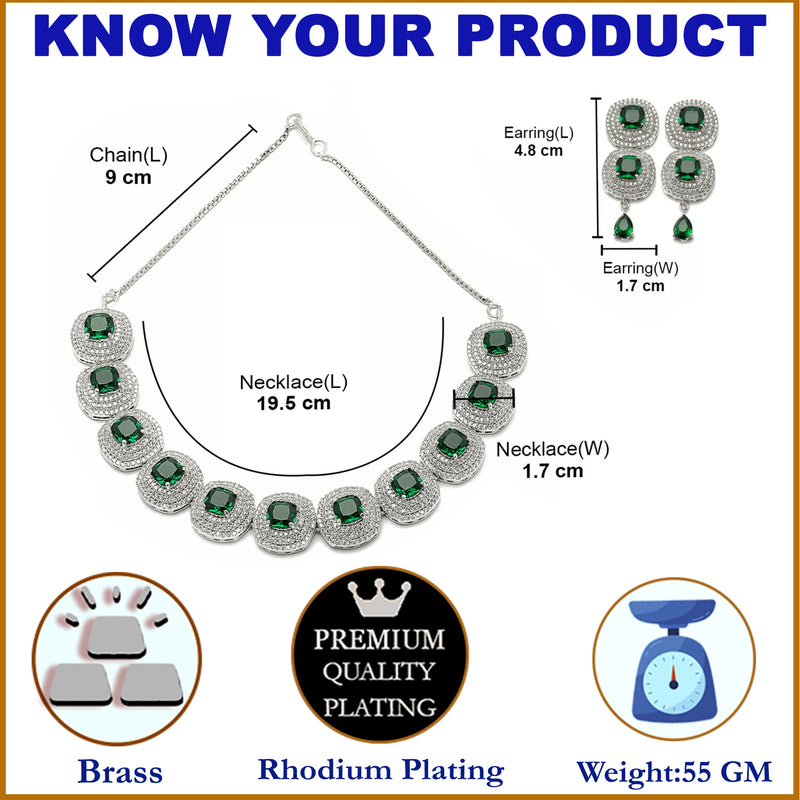 Rhodium-Plated Green Cubic Zirconia Studded Necklace with Earrings Jewellery Set