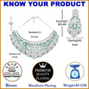 Rhodium-Plated Silver Toned Green American Diamond Choker Necklace with Earrings Jewellery Set